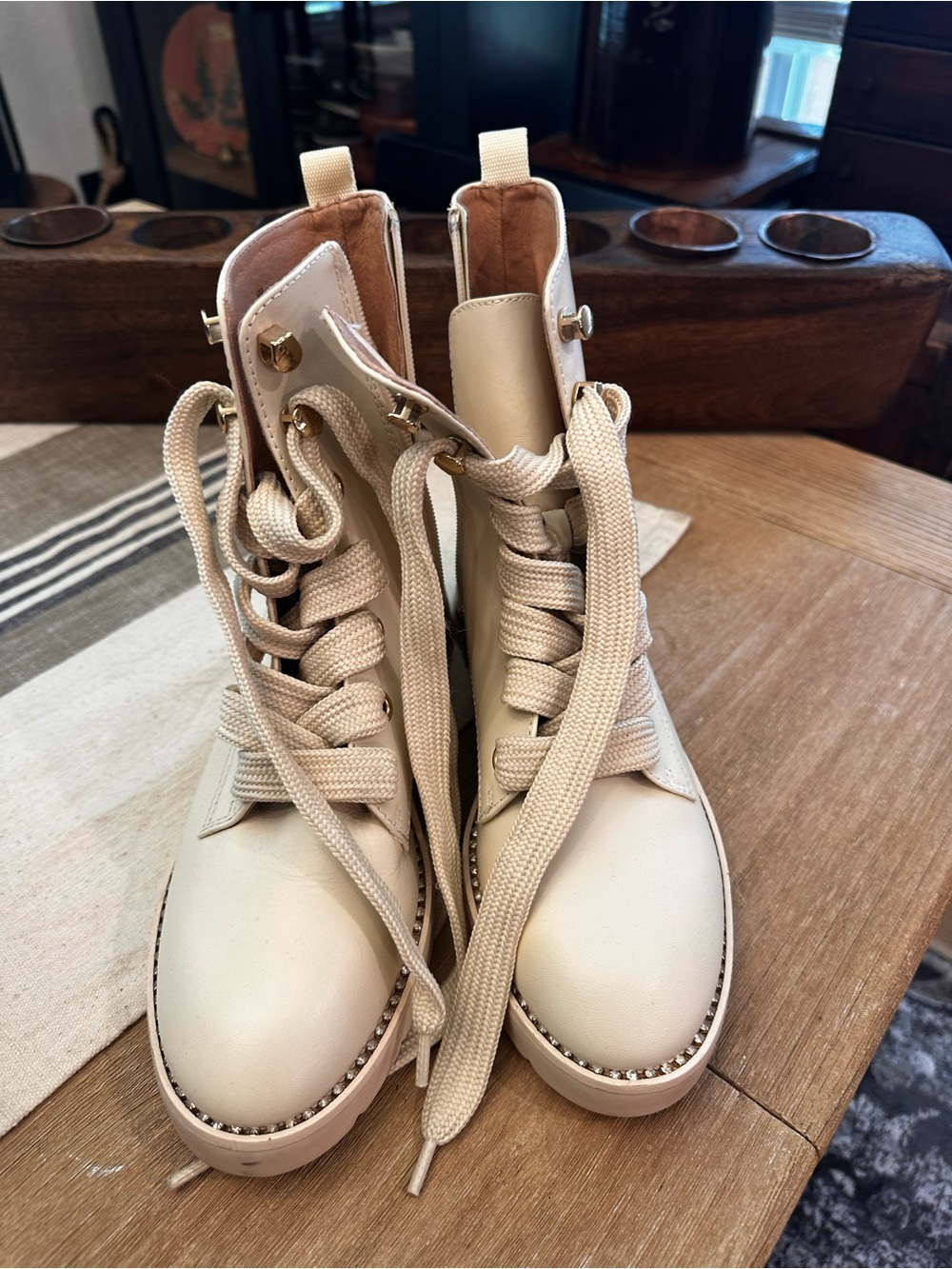 Antonio Melani Beige Lace-Up Women’s Combat Boots